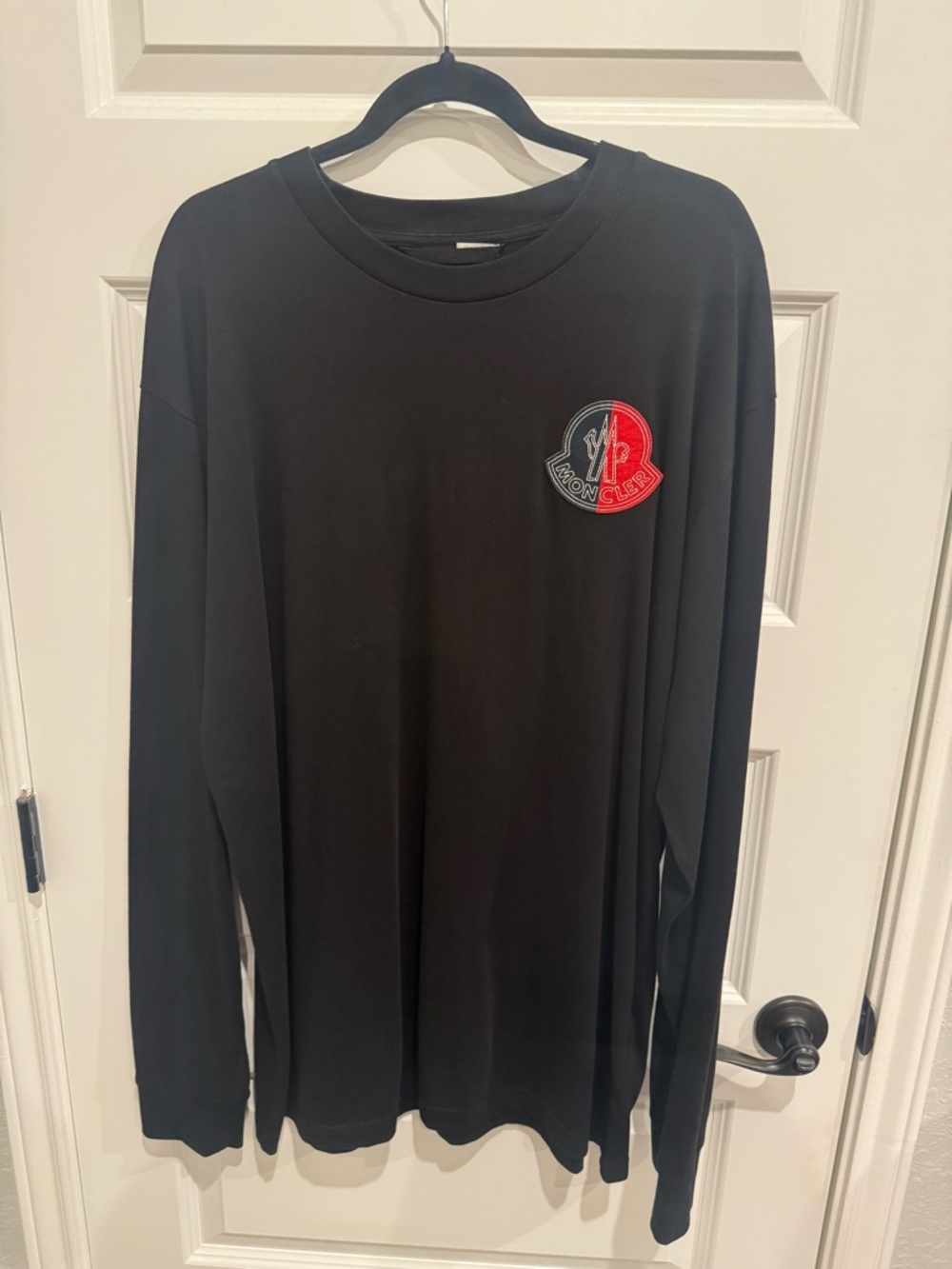 Moncler Black Long-Sleeve Logo Patch Tee with Red Accent